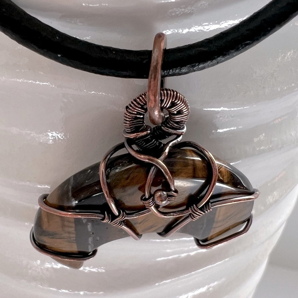 Artisan Copper Wire Wrapped Crescent Moon Tigers Eye Cabochon Necklace - Picture 3 of 11